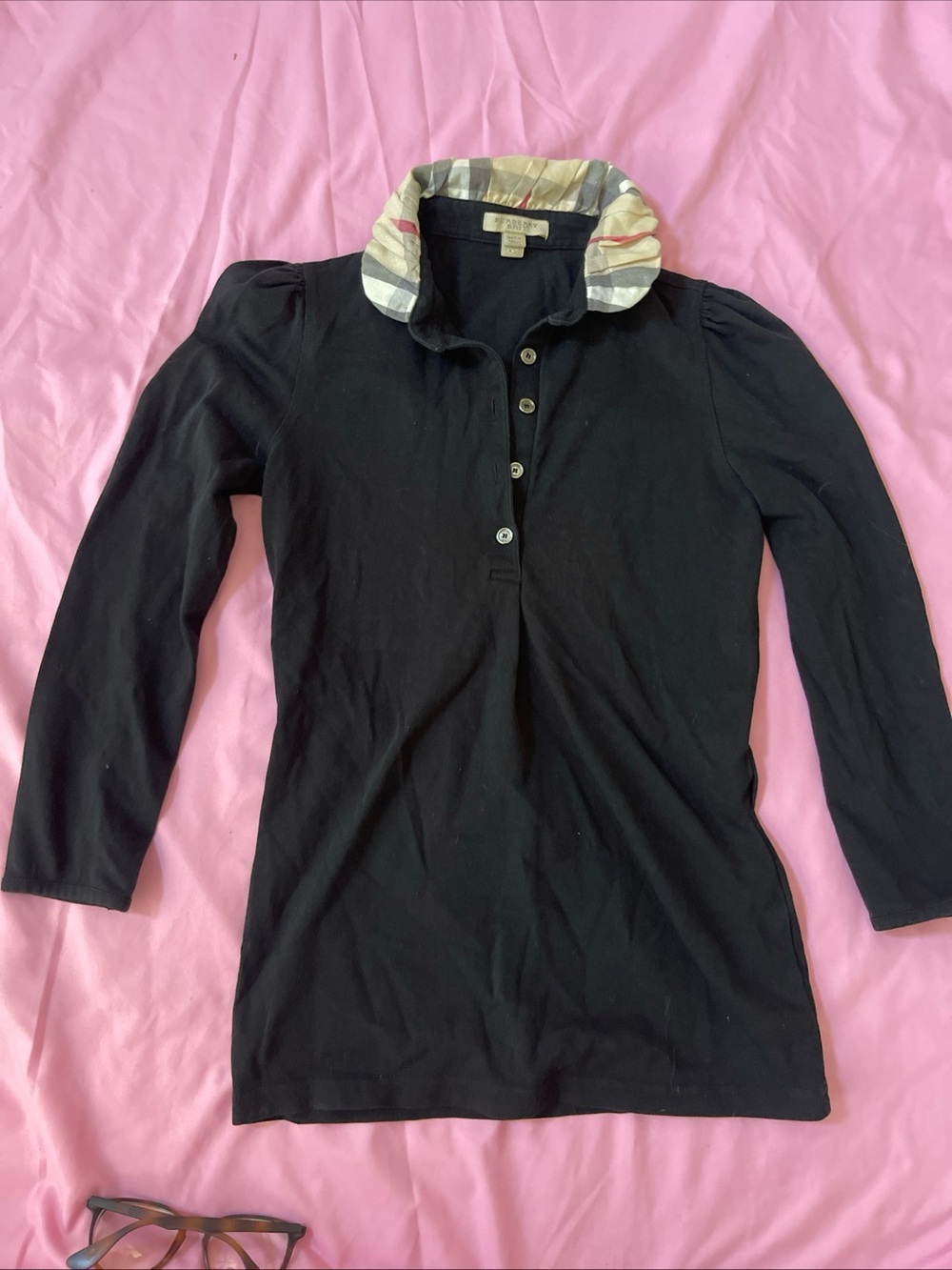 Burberry Brit xs Black Long Sleeve Polo with Patterned Fold-Over Collar